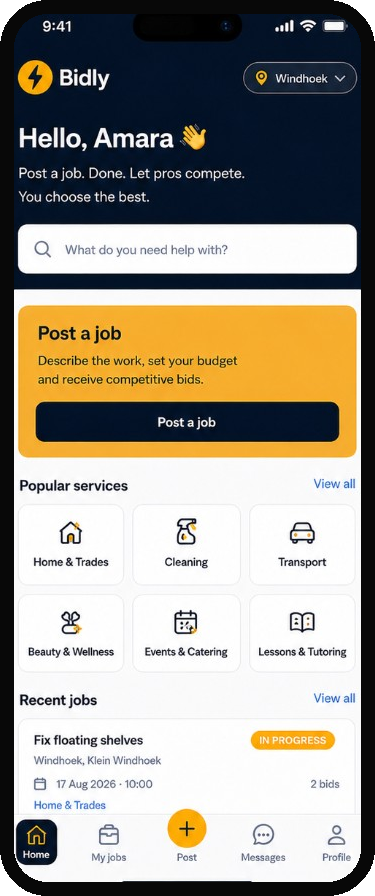 Bidly home interface for posting a local service request
