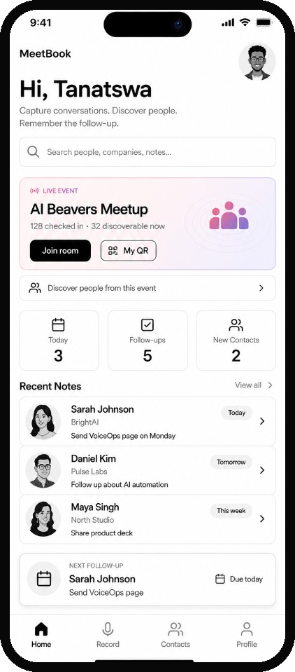 Nimo home interface with a live event, recent contacts and follow-up context